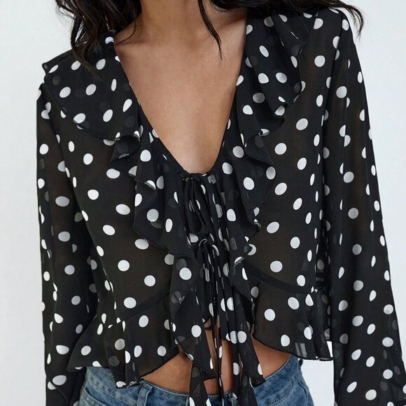 Black Women's Polka Dot Print Design Front Bow Tie Ruffle details blouse - Picture 6 of 11